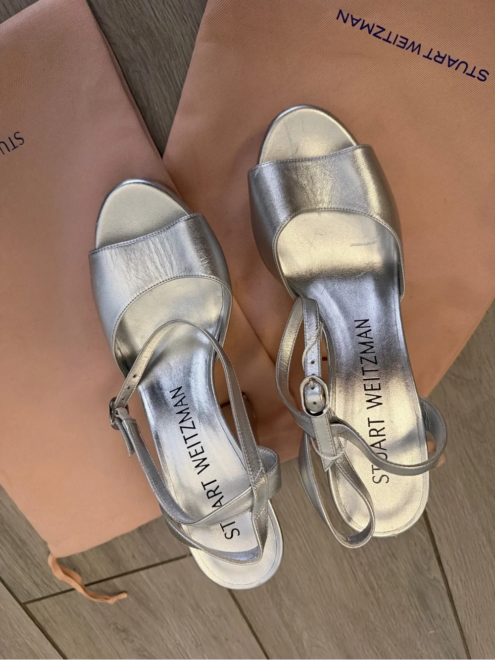 Stuart Weitzman Metallic Silver Platform Block Heel Sandals like new!!